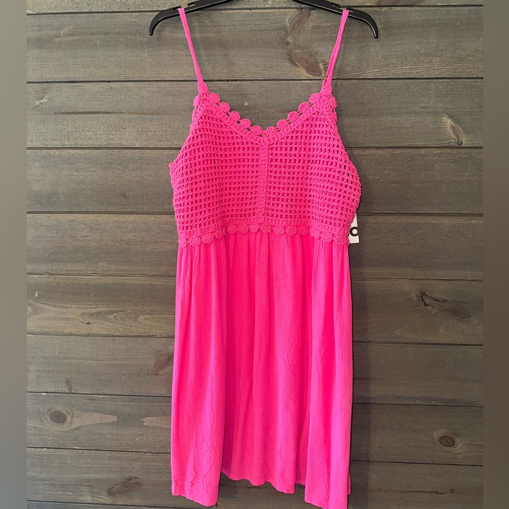 NWT Bright Pink Crochet Bodice Slip Dress